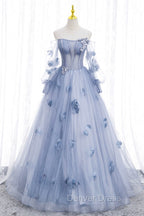 Blue Tulle Long Sleeves Formal Dresses with Flowers, Blue A-Line Prom Dresses