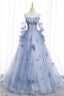 Blue Tulle Long Sleeves Formal Dresses with Flowers, Blue A-Line Prom Dresses