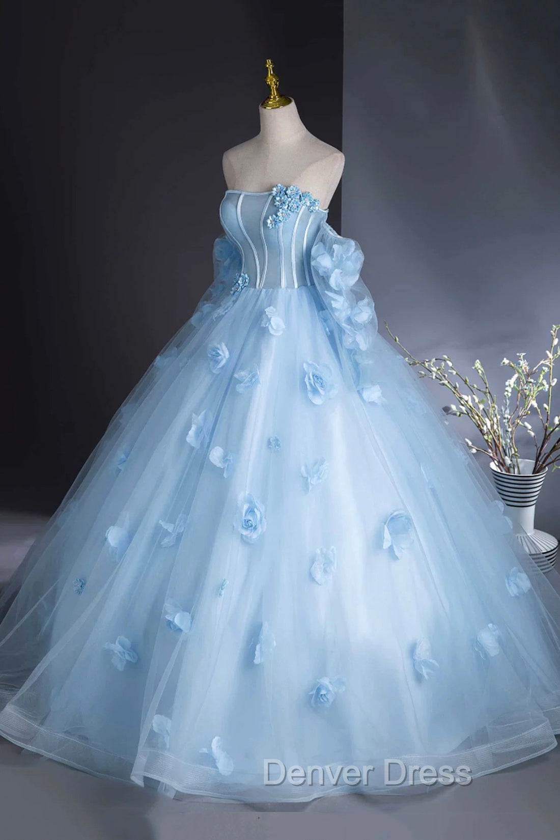 Blue Tulle Long Sleeves Formal Dresses with Flowers, Blue A-Line Prom Party Dresses