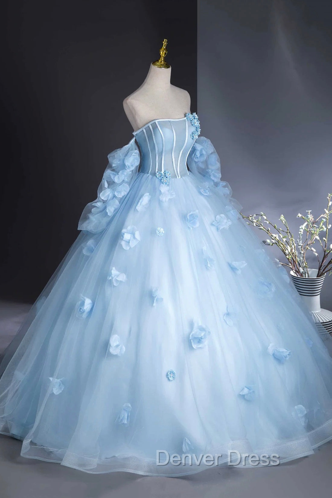 Blue Tulle Long Sleeves Formal Dresses with Flowers, Blue A-Line Prom Party Dresses