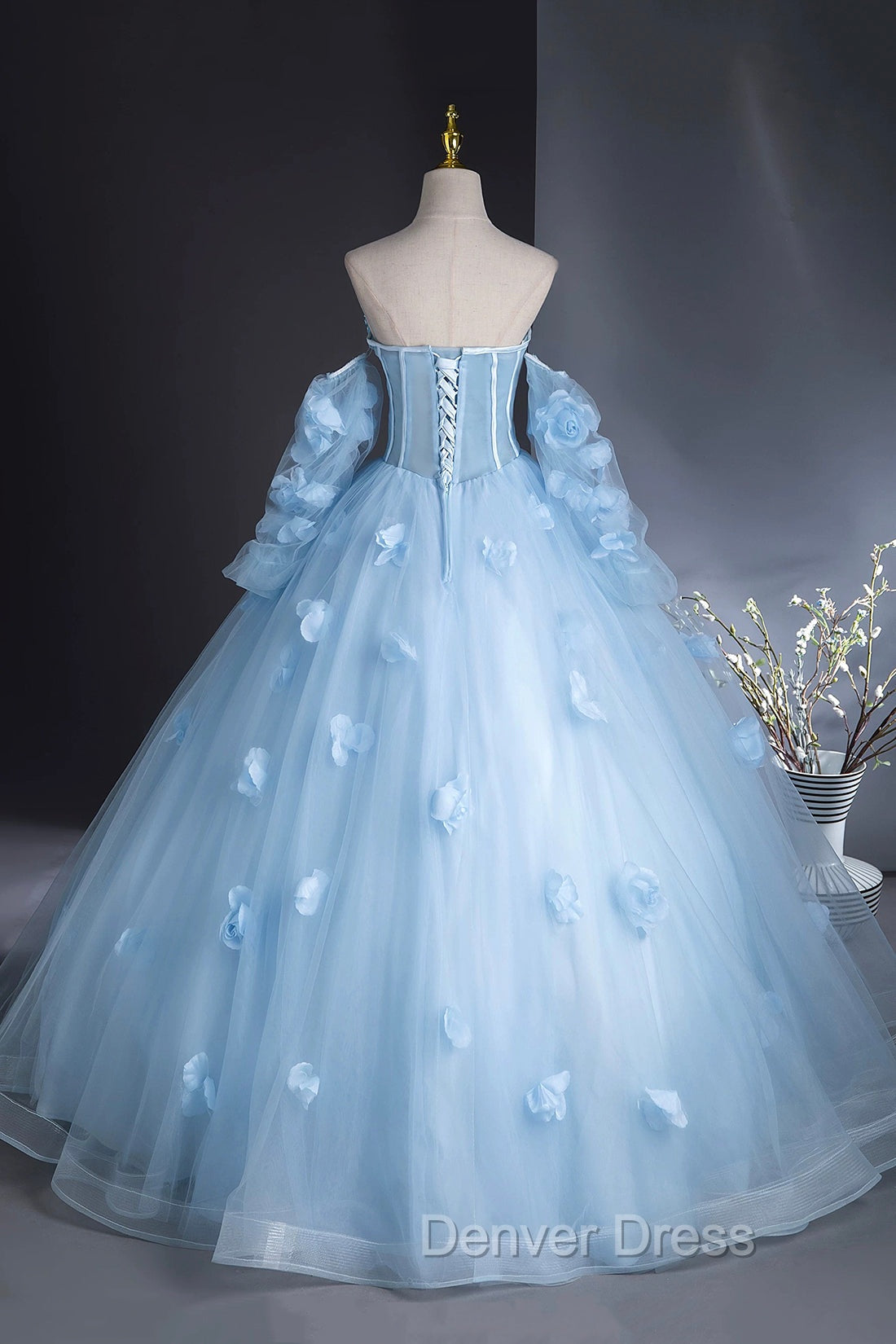 Blue Tulle Long Sleeves Formal Dresses with Flowers, Blue A-Line Prom Party Dresses