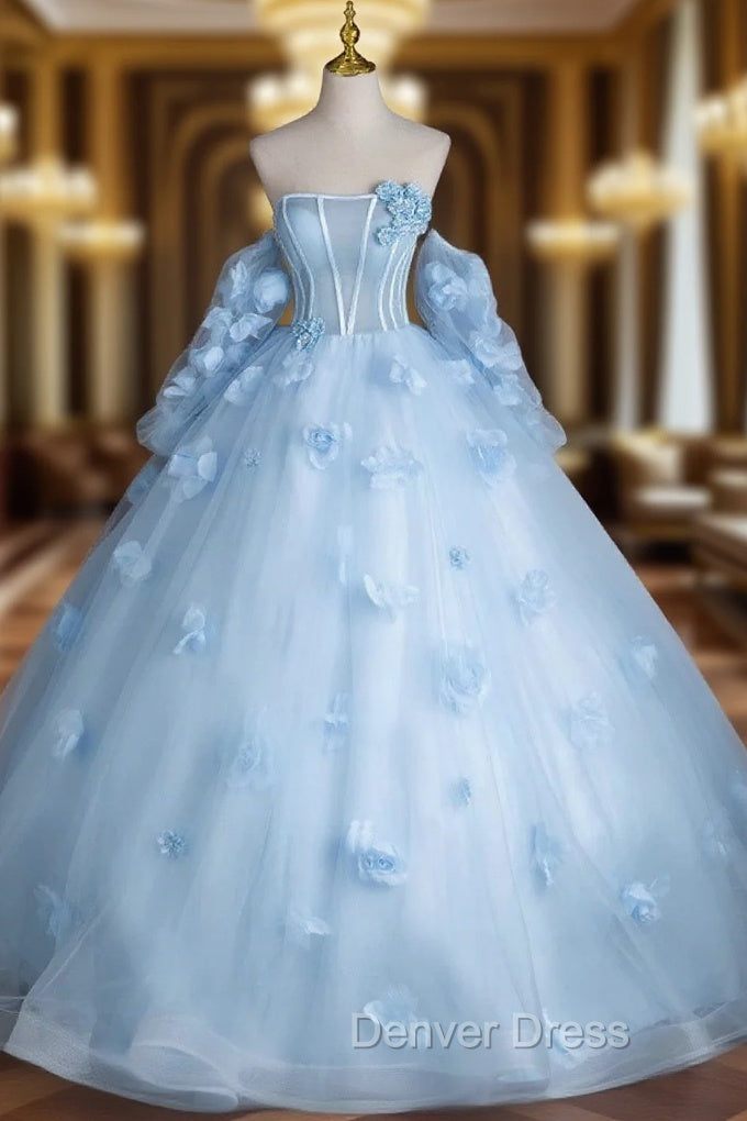 Blue Tulle Long Sleeves Formal Dresses with Flowers, Blue A-Line Prom Party Dresses