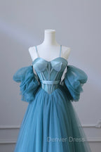 Blue Tulle Long Spaghetti Strap Prom Dresses and Corset, Detachable off Shoulder Party Dresses