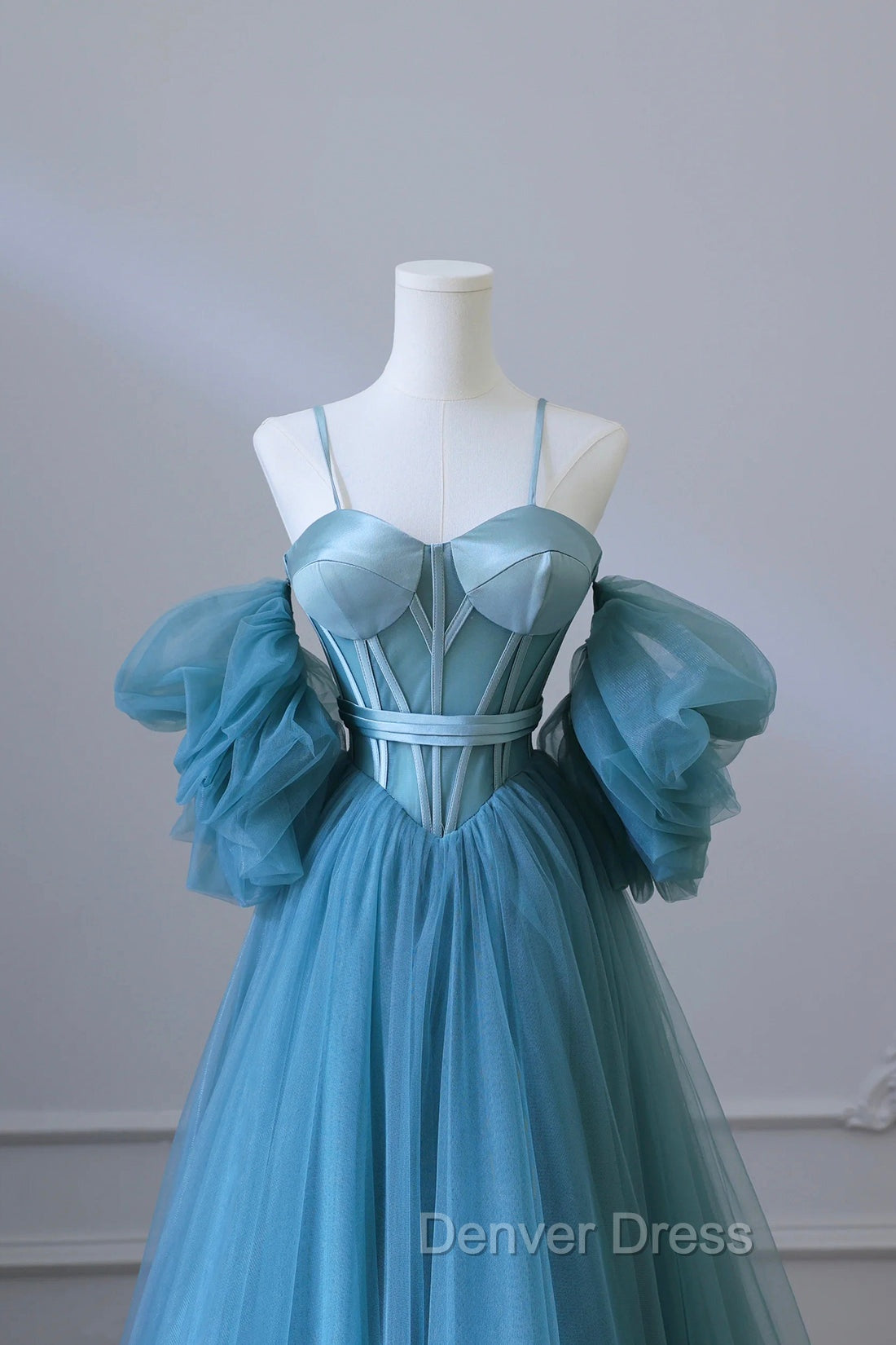 Blue Tulle Long Spaghetti Strap Prom Dresses and Corset, Detachable off Shoulder Party Dresses