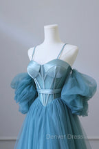 Blue Tulle Long Spaghetti Strap Prom Dresses and Corset, Detachable off Shoulder Party Dresses