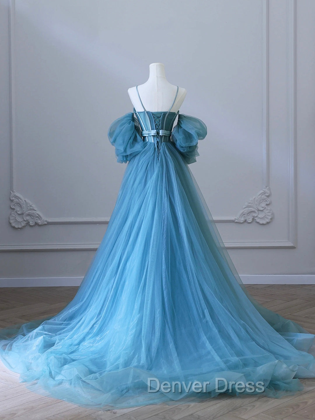 Blue Tulle Long Spaghetti Strap Prom Dresses and Corset, Detachable off Shoulder Party Dresses Secondary image