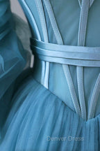 Blue Tulle Long Spaghetti Strap Prom Dresses and Corset, Detachable off Shoulder Party Dresses