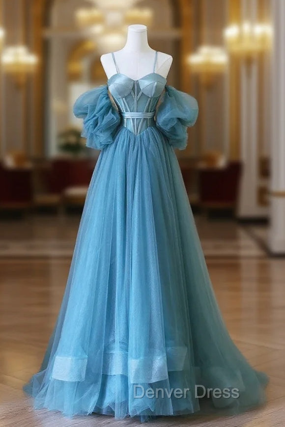 Blue Tulle Long Spaghetti Strap Prom Dresses and Corset, Detachable off Shoulder Party Dresses