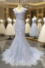 Blue Tulle Mermaid Deep V-neck Backless Prom Dresses With Beading