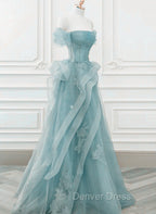 Blue Tulle Off Shoulder Beaded Lace Long Prom Dress, Blue Prom Dresses