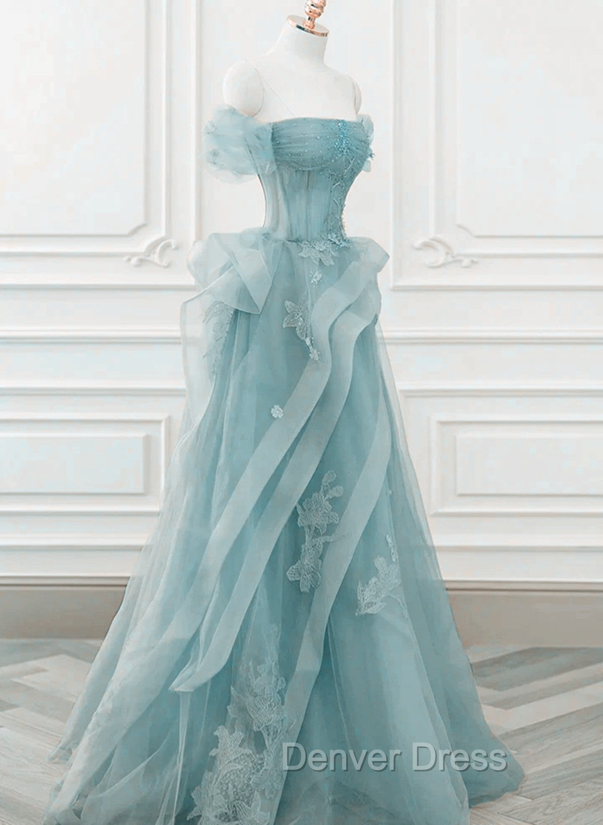 Blue Tulle Off Shoulder Beaded Lace Long Prom Dress, Blue Prom Dresses