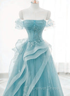Blue Tulle Off Shoulder Beaded Lace Long Prom Dress, Blue Prom Dresses