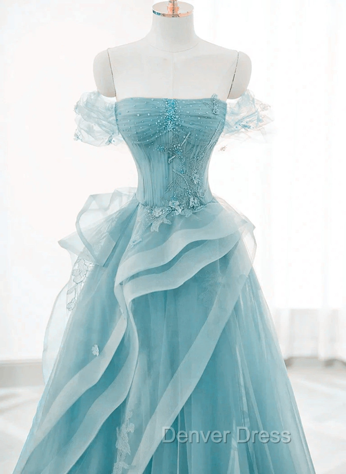 Blue Tulle Off Shoulder Beaded Lace Long Prom Dress, Blue Prom Dresses