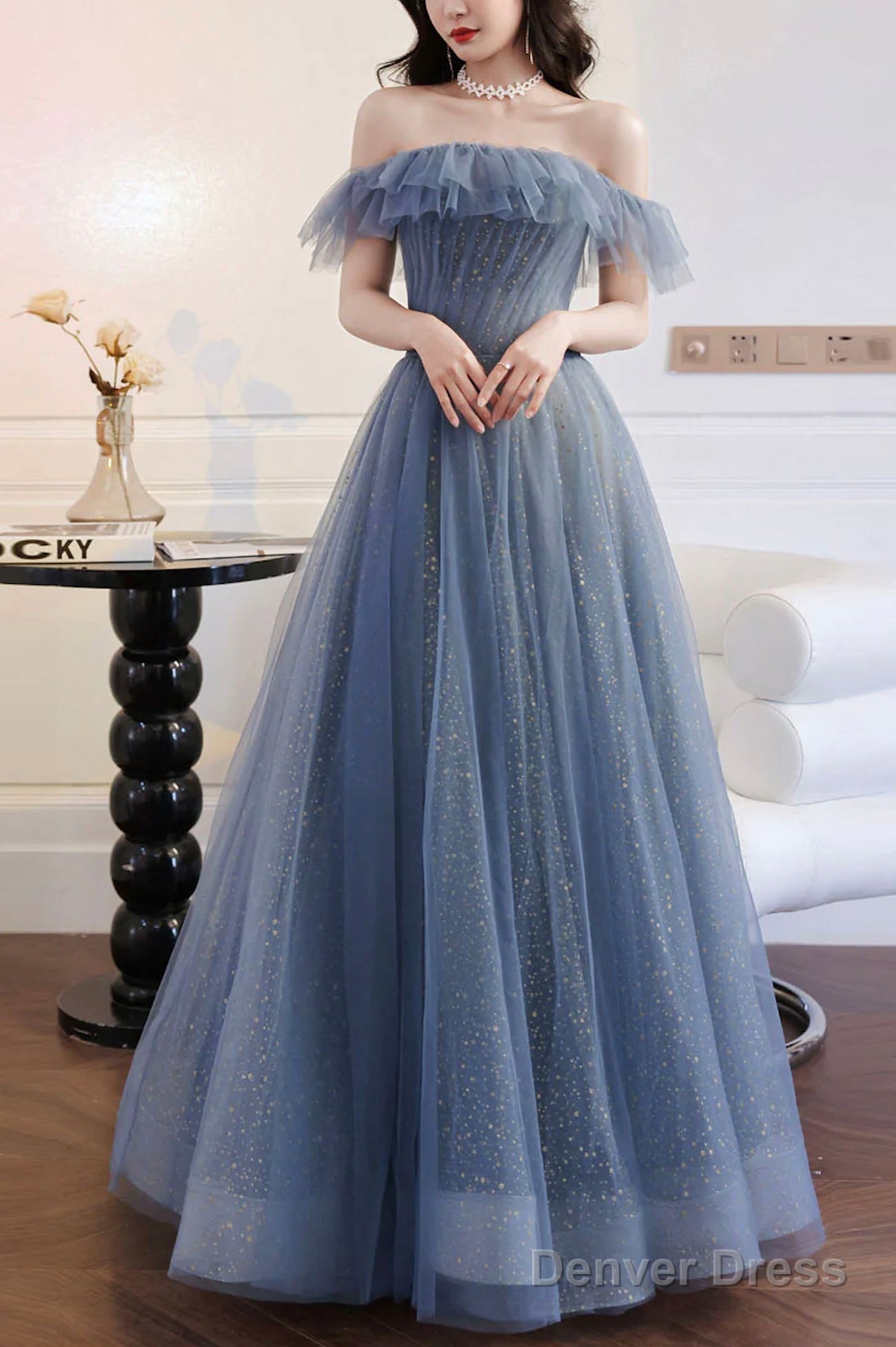 Blue Tulle Off Shoulder Long Prom Dresses With Bow, A-Line Prom Gowns Secondary image