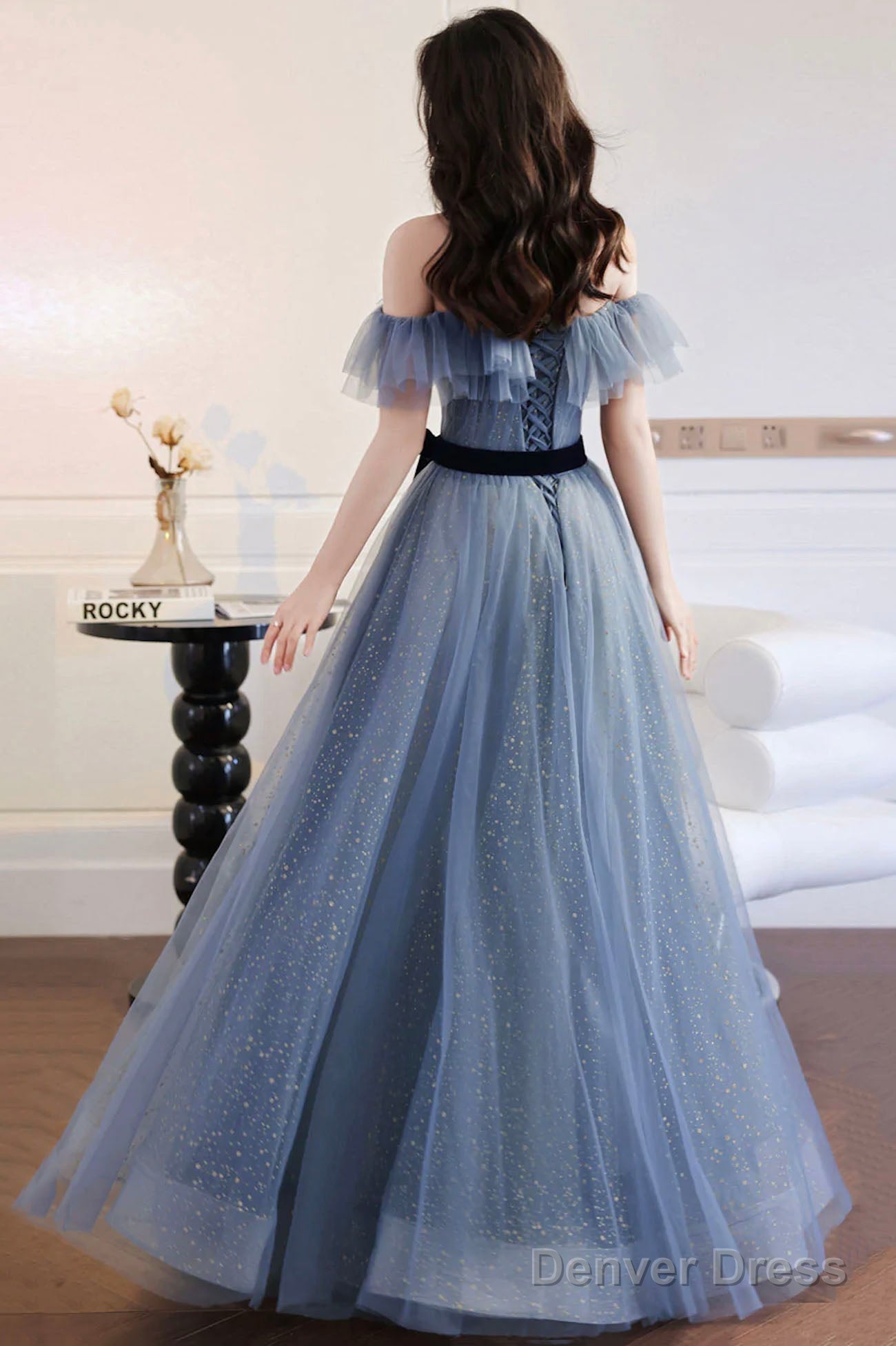 Blue Tulle Off Shoulder Long Prom Dresses With Bow, A-Line Prom Gowns