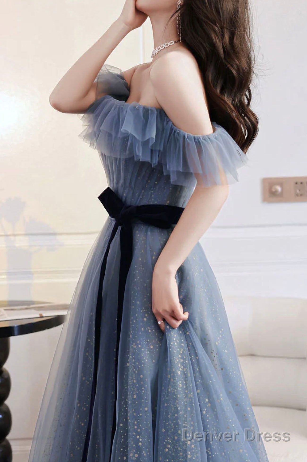 Blue Tulle Off Shoulder Long Prom Dresses With Bow, A-Line Prom Gowns