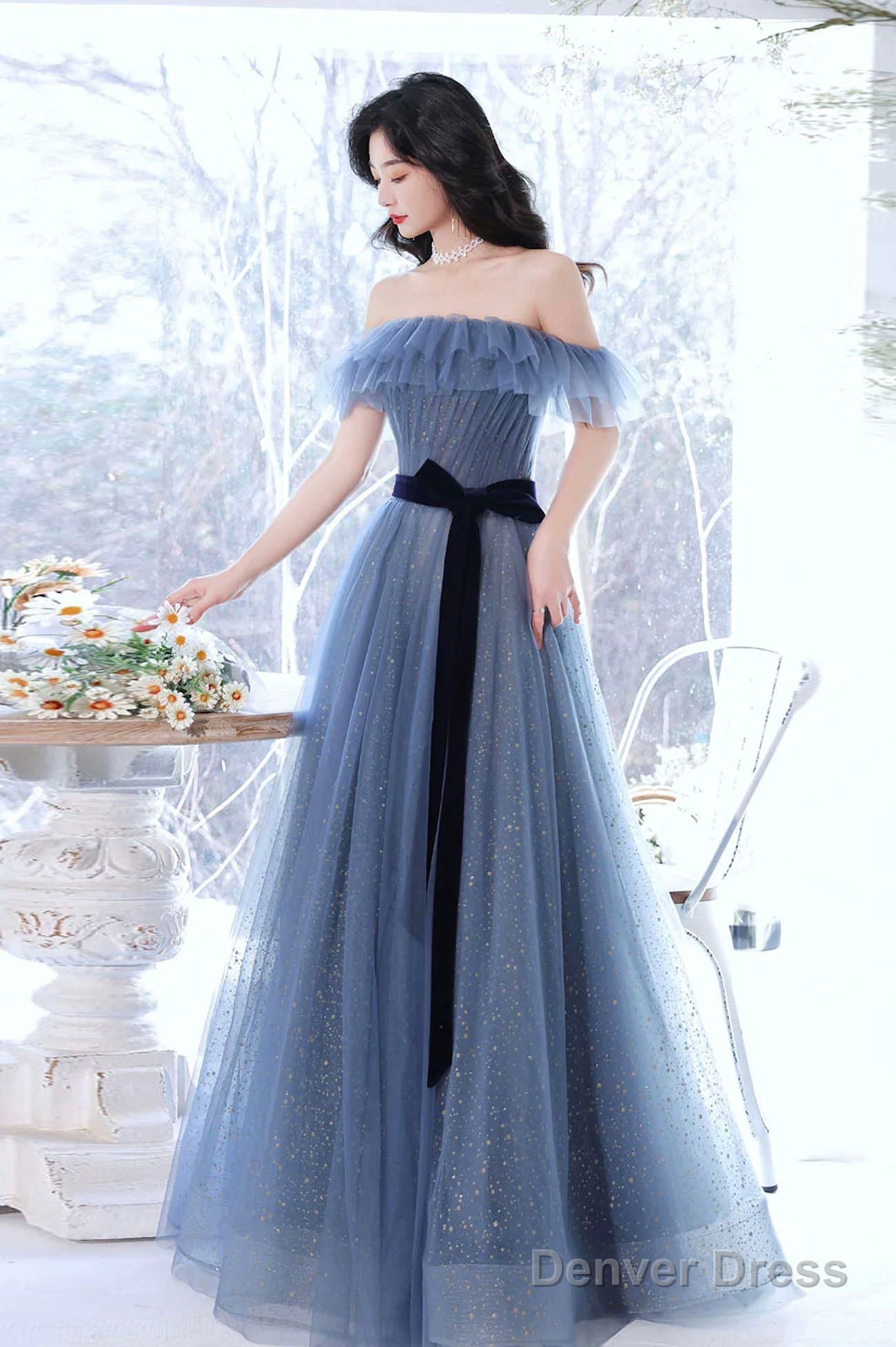 Blue Tulle Off Shoulder Long Formal Dress With Bow, A-Line Evening Gown