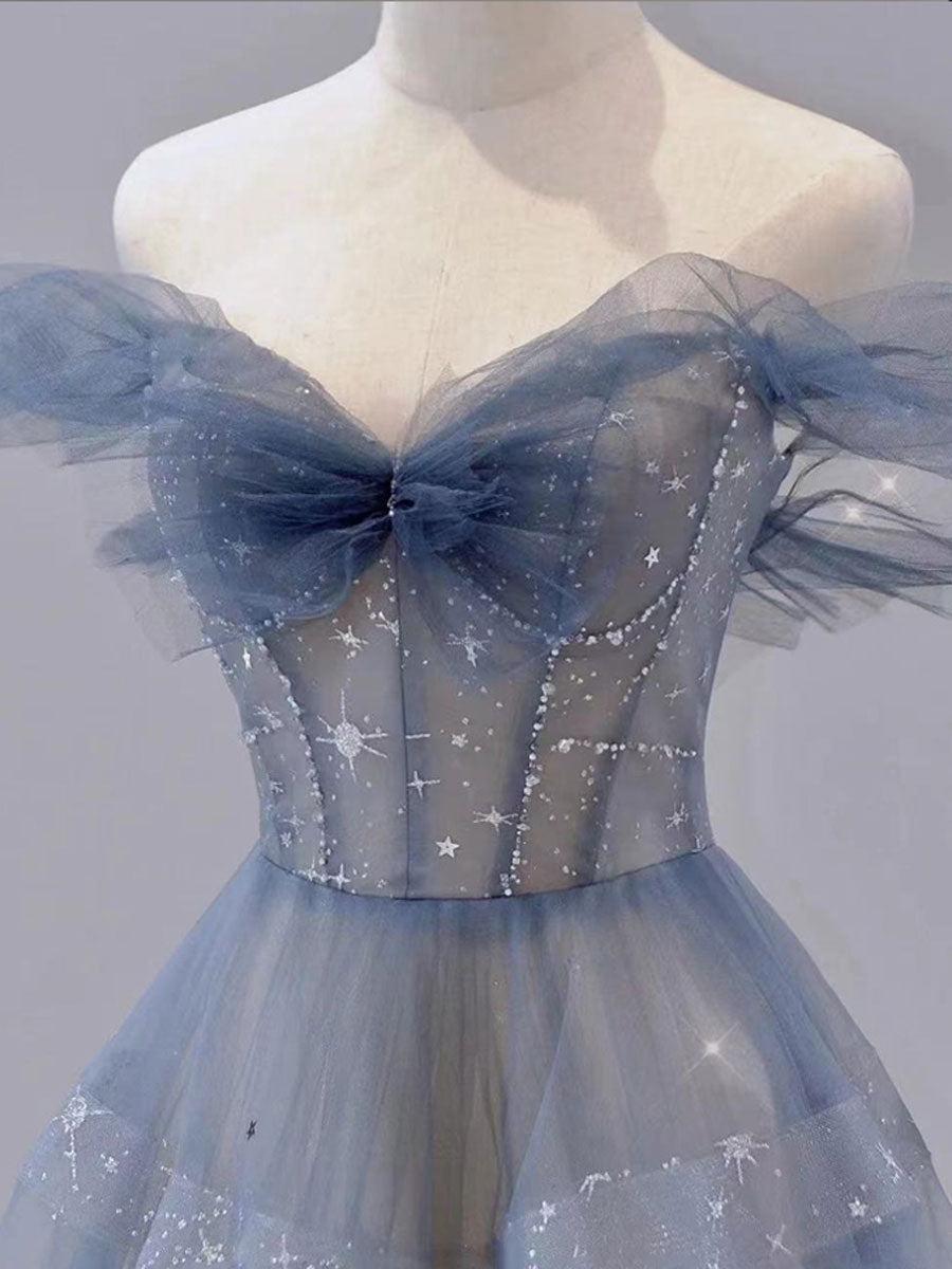 Blue Tulle Off Shoulder Long Prom Dresses, Blue Tulle Formal Dresses Secondary image