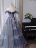 Blue Tulle Off Shoulder Long Prom Dresses, Blue Tulle Formal Dresses
