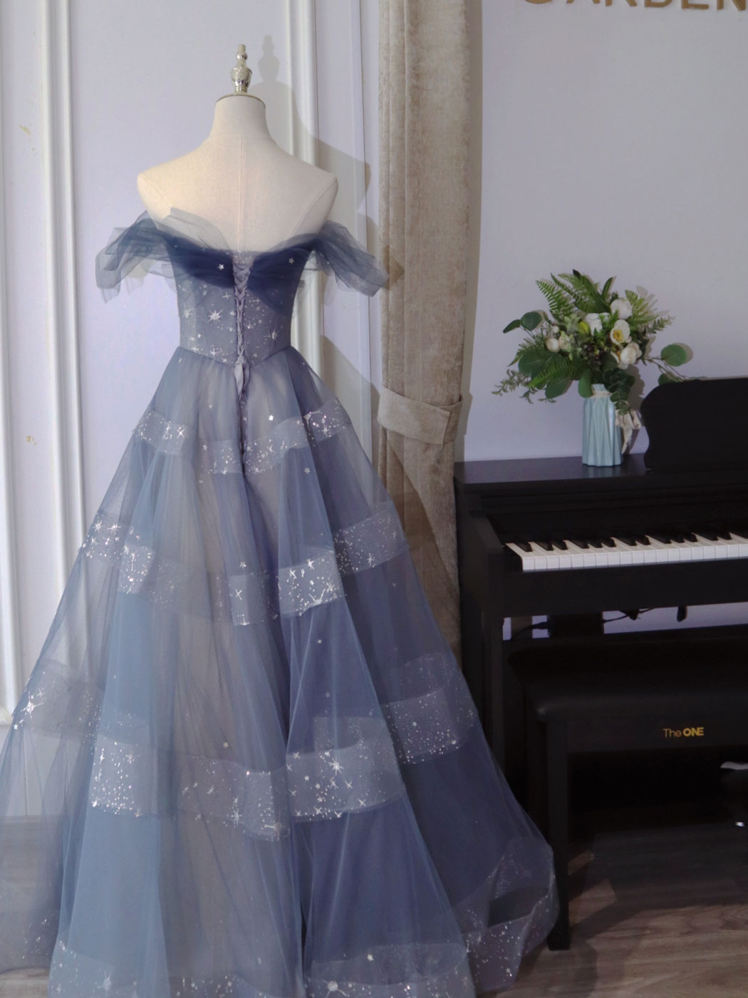 Blue Tulle Off Shoulder Long Prom Dresses, Blue Tulle Formal Dresses
