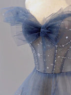 Blue Tulle Off Shoulder Long Prom Dresses, Blue Tulle Formal Dresses