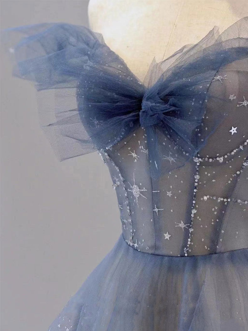 Blue Tulle Off Shoulder Long Prom Dresses, Blue Tulle Formal Dresses