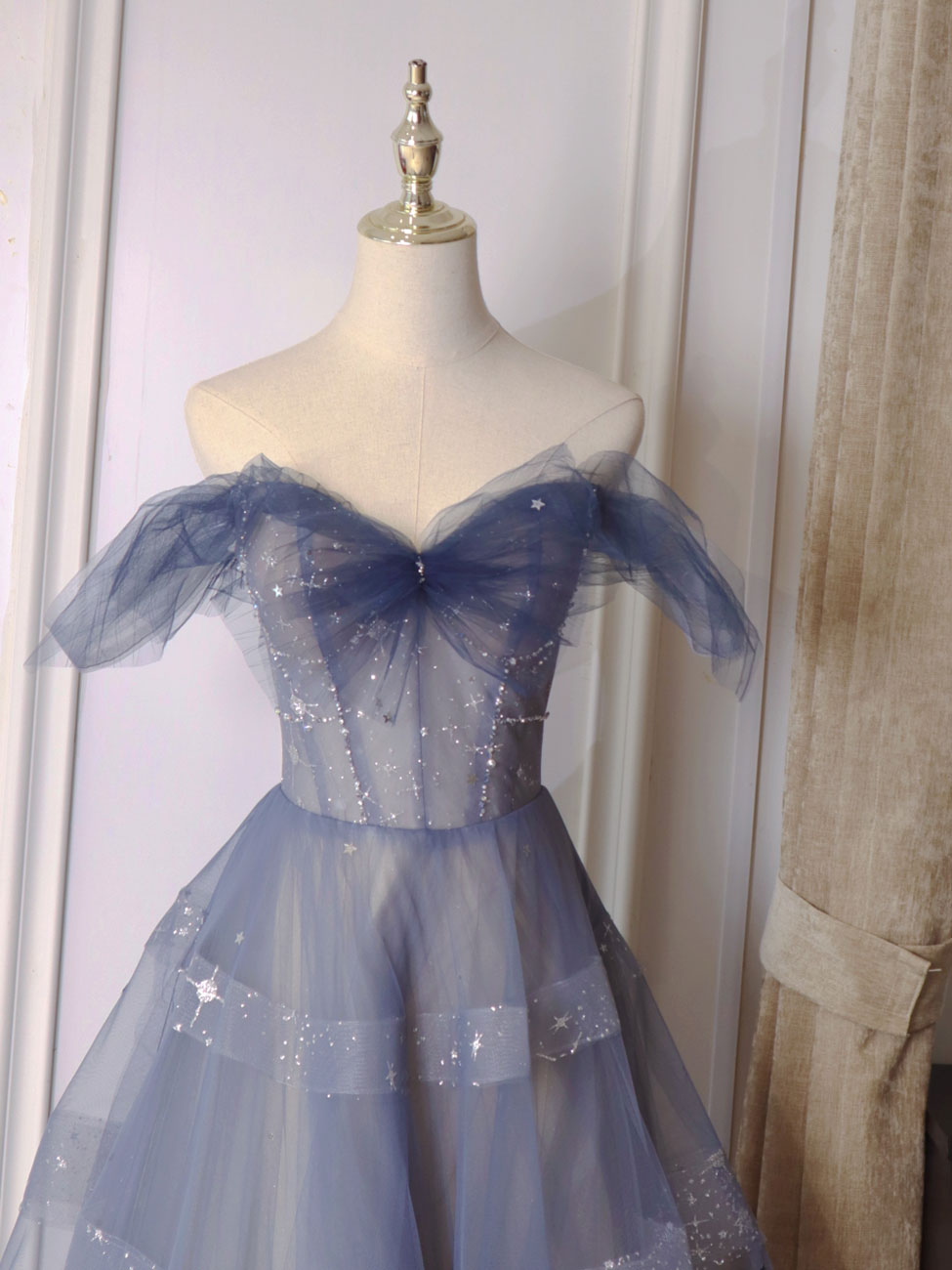 Blue Tulle Off Shoulder Long Prom Dresses, Blue Tulle Formal Dresses