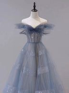 Blue Tulle Off Shoulder Long Prom Dresses, Blue Tulle Formal Dresses