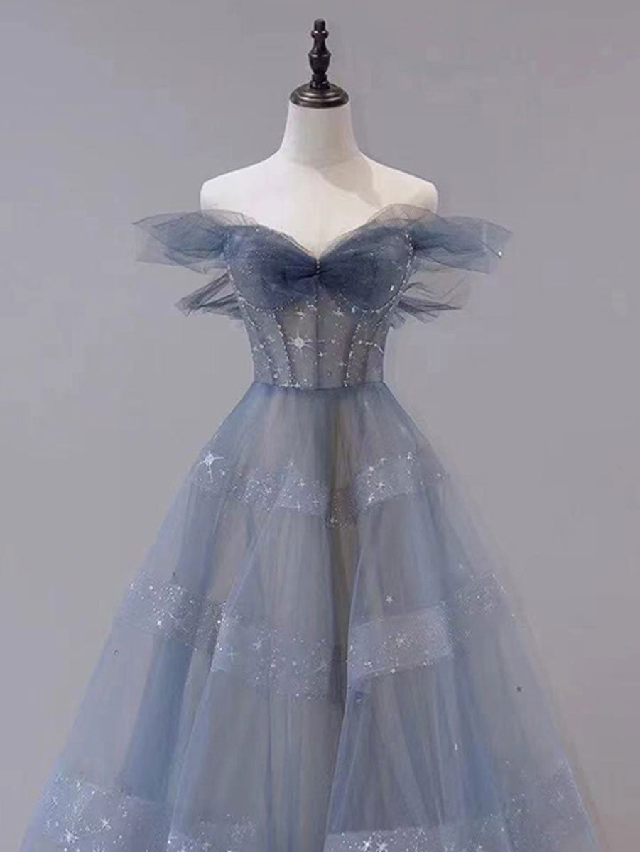 Blue Tulle Off Shoulder Long Prom Dresses, Blue Tulle Formal Dresses