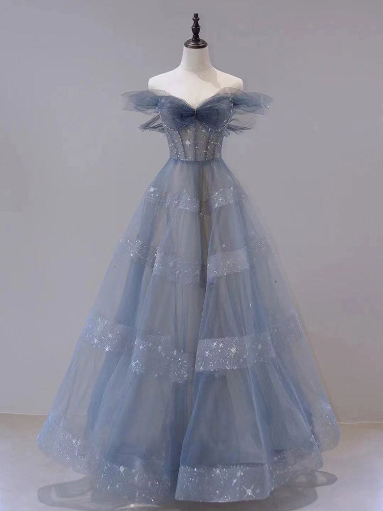 Blue Tulle Off Shoulder Long Prom Dresses, Blue Tulle Formal Dresses Main image