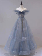 Blue Tulle Off Shoulder Long Prom Dresses, Blue Tulle Formal Dresses
