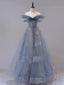 Blue Tulle Off Shoulder Long Prom Dresses, Blue Tulle Formal Dresses