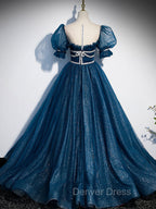 Blue Tulle Off Shoulder Long Prom Dresses, Blue Tulle Formal Dresses