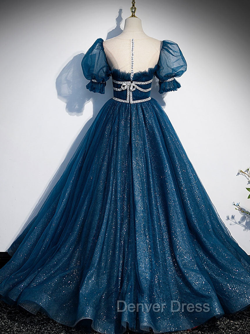 Blue Tulle Off Shoulder Long Prom Dresses, Blue Tulle Formal Dresses