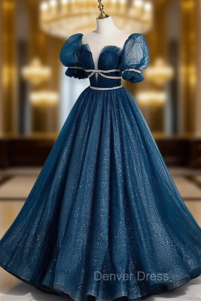 Blue Tulle Off Shoulder Long Prom Dresses, Blue Tulle Formal Dresses Main image