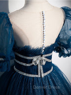 Blue Tulle Off Shoulder Long Prom Dresses, Blue Tulle Formal Dresses