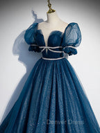 Blue Tulle Off Shoulder Long Prom Dresses, Blue Tulle Formal Dresses