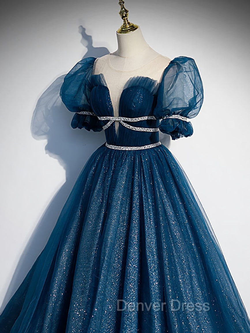 Blue Tulle Off Shoulder Long Prom Dresses, Blue Tulle Formal Dresses