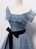 Blue Tulle Off Shoulder Sequin Long Prom Dresses Blue Evening Dresses