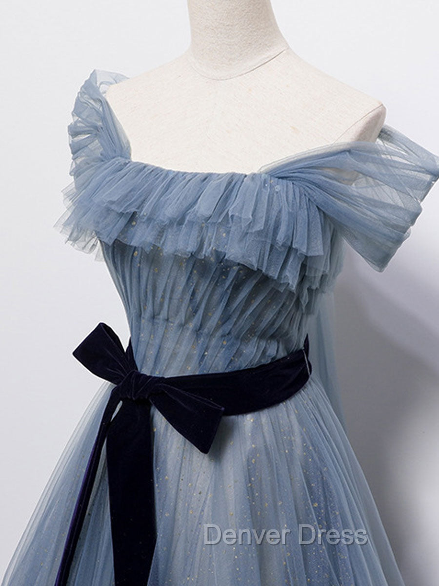 Blue Tulle Off Shoulder Sequin Long Prom Dresses Blue Evening Dresses