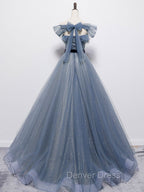 Blue Tulle Off Shoulder Sequin Long Prom Dress Blue Prom Dresses