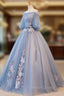Blue Tulle Off Shoulder with Lace Floral Long Prom Dress, Cute Prom Dress