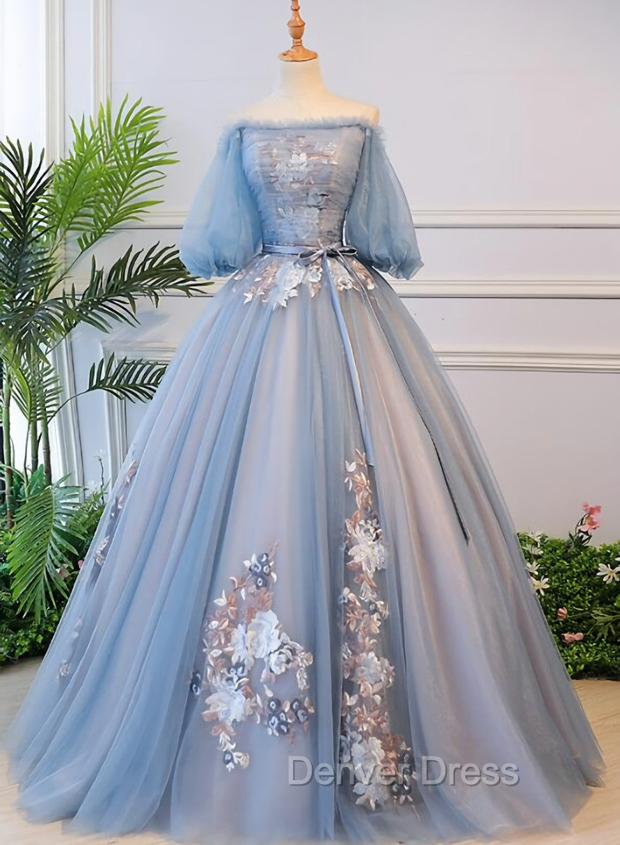 Blue Tulle Off Shoulder with Lace Floral Long Prom Dress, Cute Prom Dress