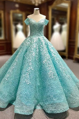 Blue Tulle Off the Shoulder Appliques Prom Dresses