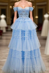 Blue Tulle Off the Shoulder Appliques Tiers Prom Dresses