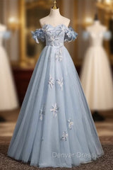 Blue Tulle Off the Shoulder Flower Pearls Prom Dresses