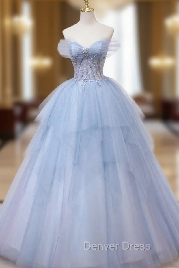 Blue Tulle Off the Shoulder Lace Beading Prom Dresses