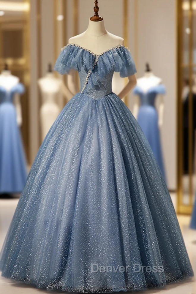 Blue Tulle Off the Shoulder Pearls Quinceanera Dresses Main image