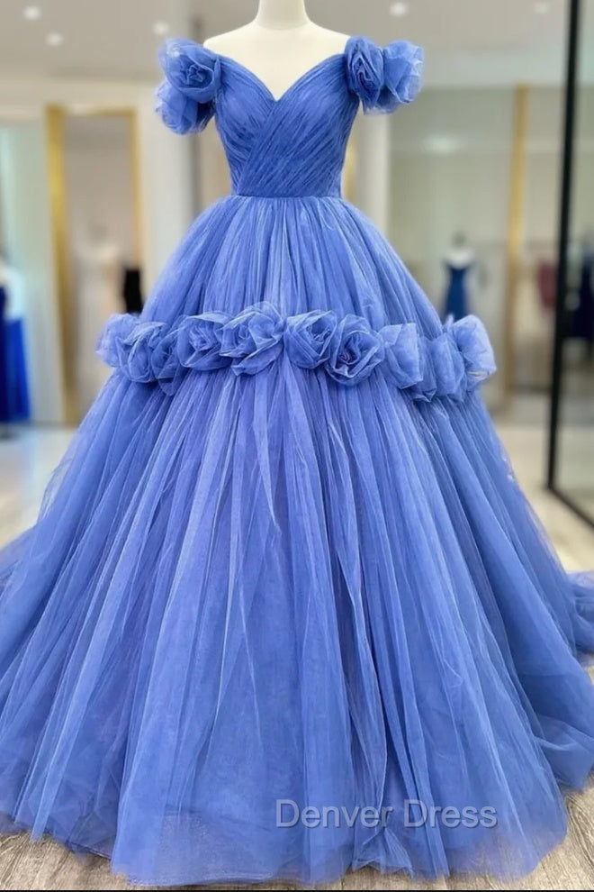 Blue Tulle Off the Shoulder Pleats Flower Prom Dresses