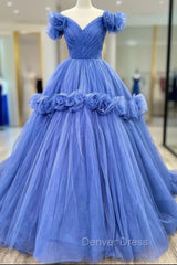 Blue Tulle Off the Shoulder Pleats Flower Prom Dresses